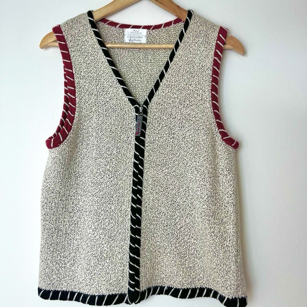 Christopher & Banks Vintage Sweater Vest Full Zip Ivory Black Red Women’s M